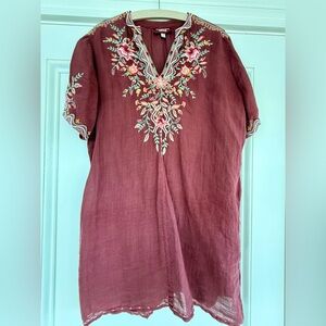 Johnny Was Maroon Floral Embroidered Dress